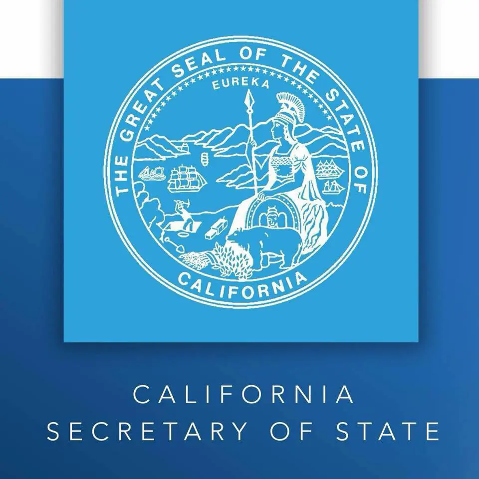 A blue and white picture of the california secretary of state.